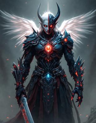 The primary subject of the image is a character, possibly a demon or an angel, wearing a suit of armor and holding a sword. The setting appears to be a dark, possibly demonic, environment. The visual style of the image is digital art, with a focus on the character's armor and the sword they are holding. The colors in the image are predominantly dark, with red accents, creating a moody and intense atmosphere.